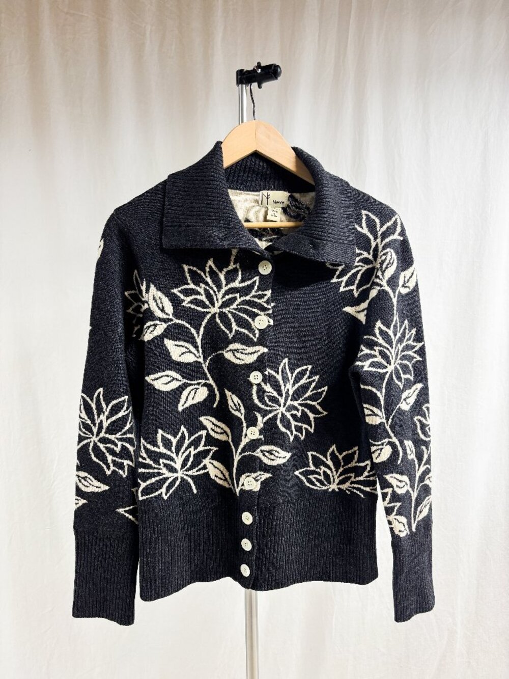 Neve 100% Wool Floral Charcoal with Off White Flower Pattern Button Up Sweater
